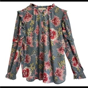Loft Blouse Top Womens Large Blue Pink Floral Ruffled Long Sleeve Lightweight